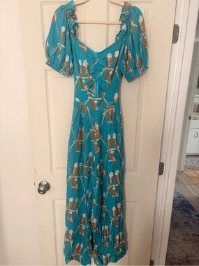 Turquoise Puff-Sleeve Maxi Jumpsuit with Orange Floral Print